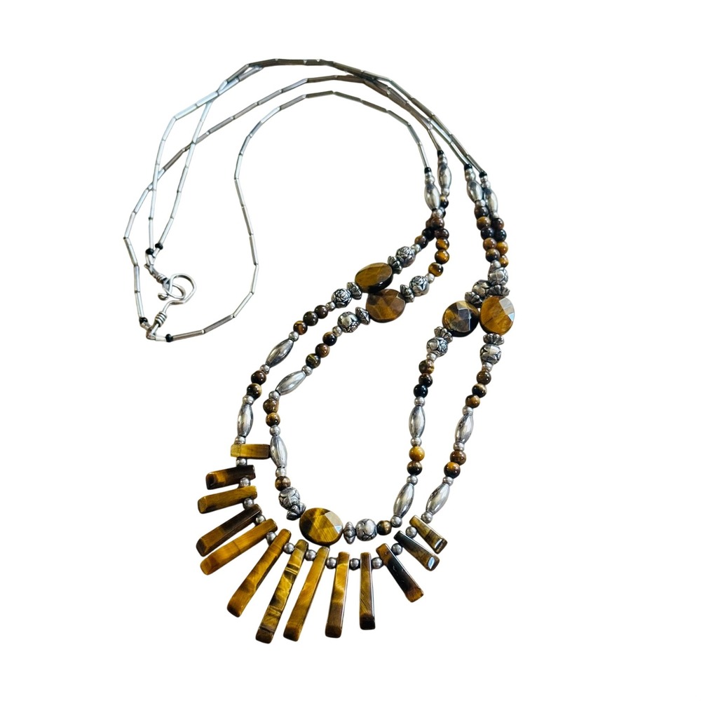 VTG Native American Tiger's Eye Necklace Natural Beaded Double Strand 60s Silver